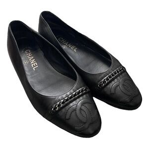 Chanel Black Leather Flats with Chain Detail